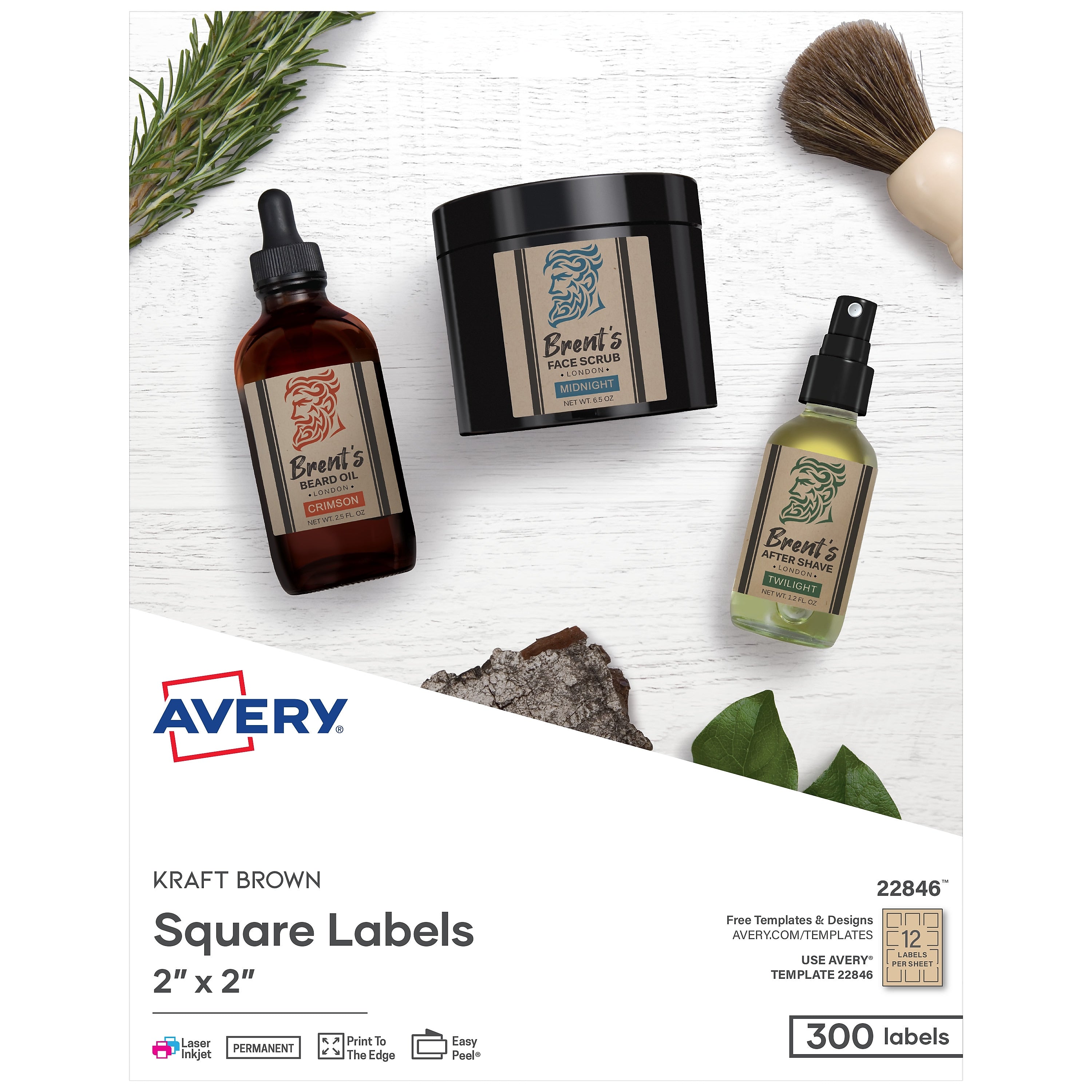 Avery Print-to-the-Edge Laser/Inkjet Square Labels, 2" x 2", Kraft Brown, 300 Labels/Pack (22846)