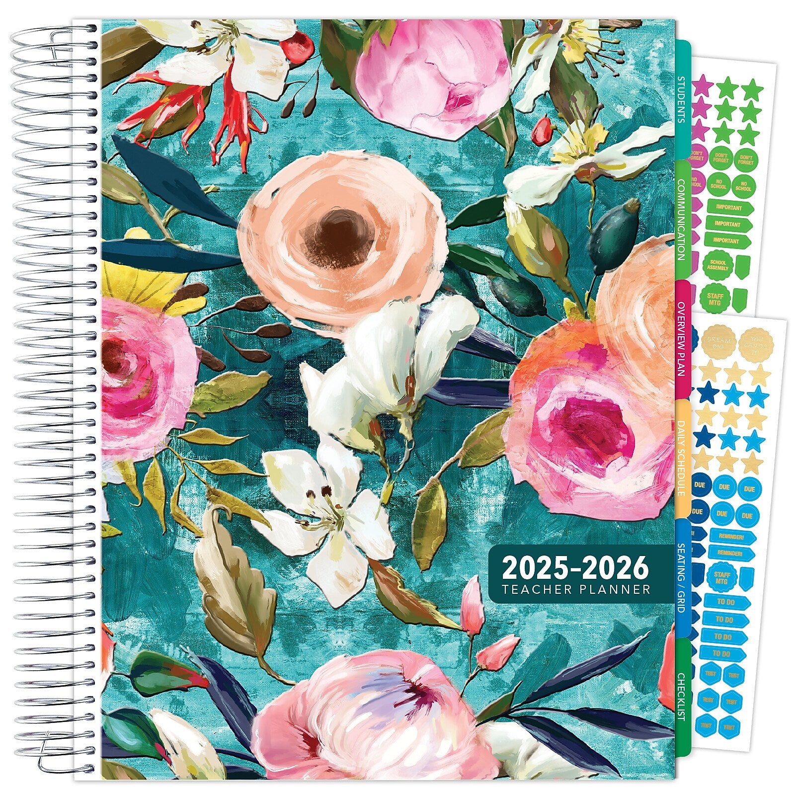 2025-2026 Global Printed Products Deluxe Teal Floral 8.5" x 11" Academic Weekly & Monthly Teacher Planner, Plastic Cover