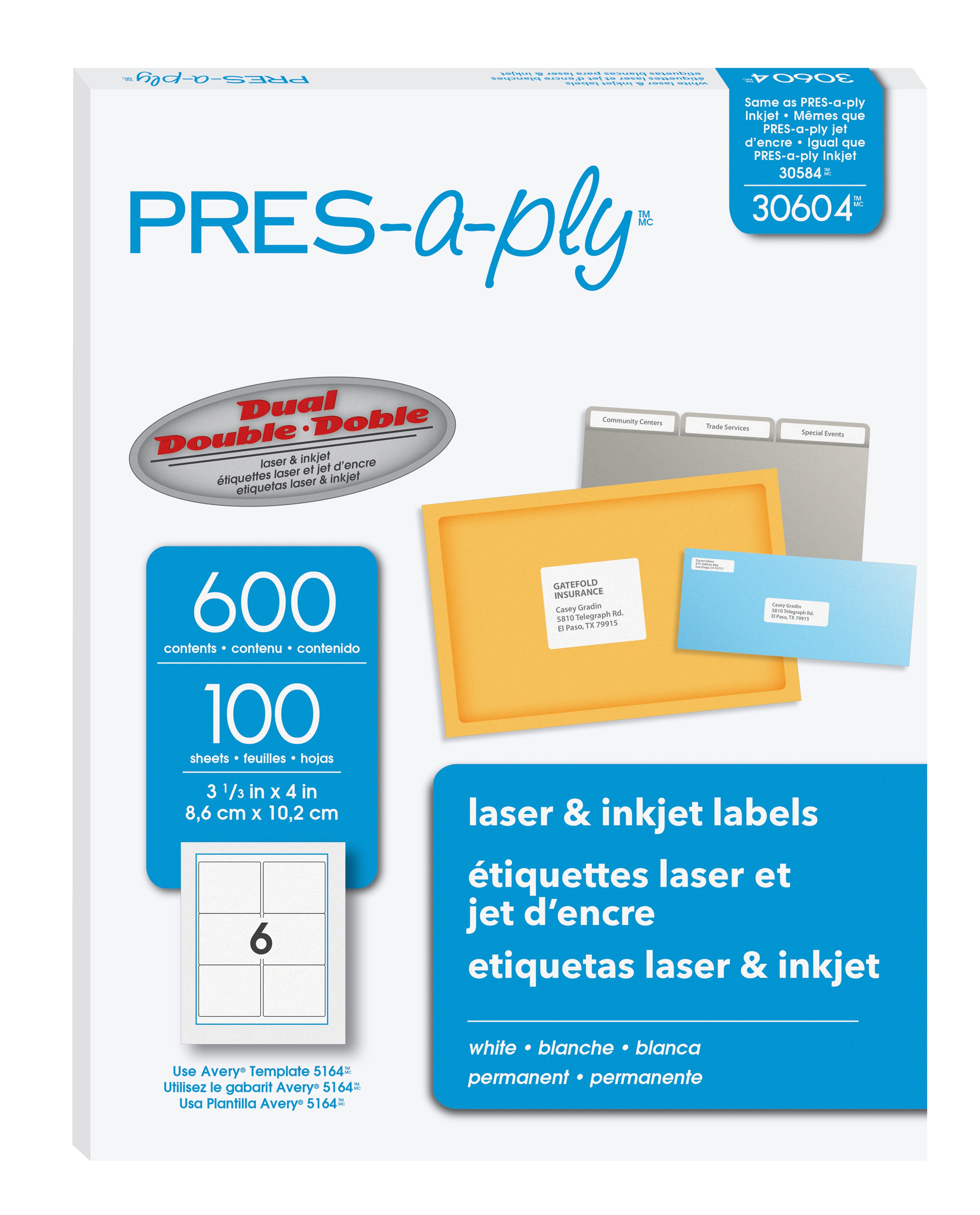 PRES-a-ply Laser/Inkjet Shipping Labels, 3-1/3" x 4", White, 600 Labels/Box (30604)
