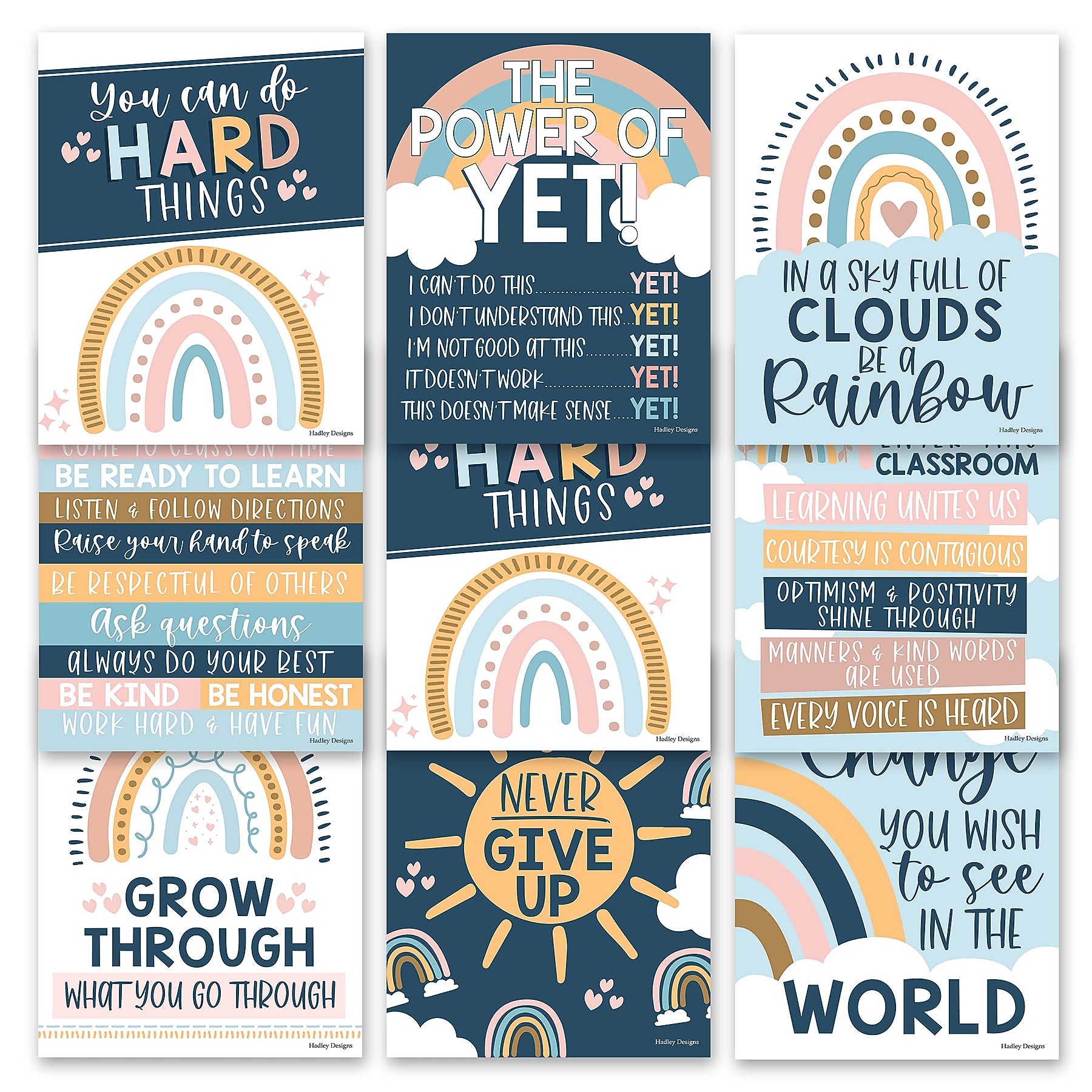 Hadley Designs 14" x 11" Boho Rainbow Growth Mindset Classroom Decor Posters, 9/Set (HDDX004A2JP97)