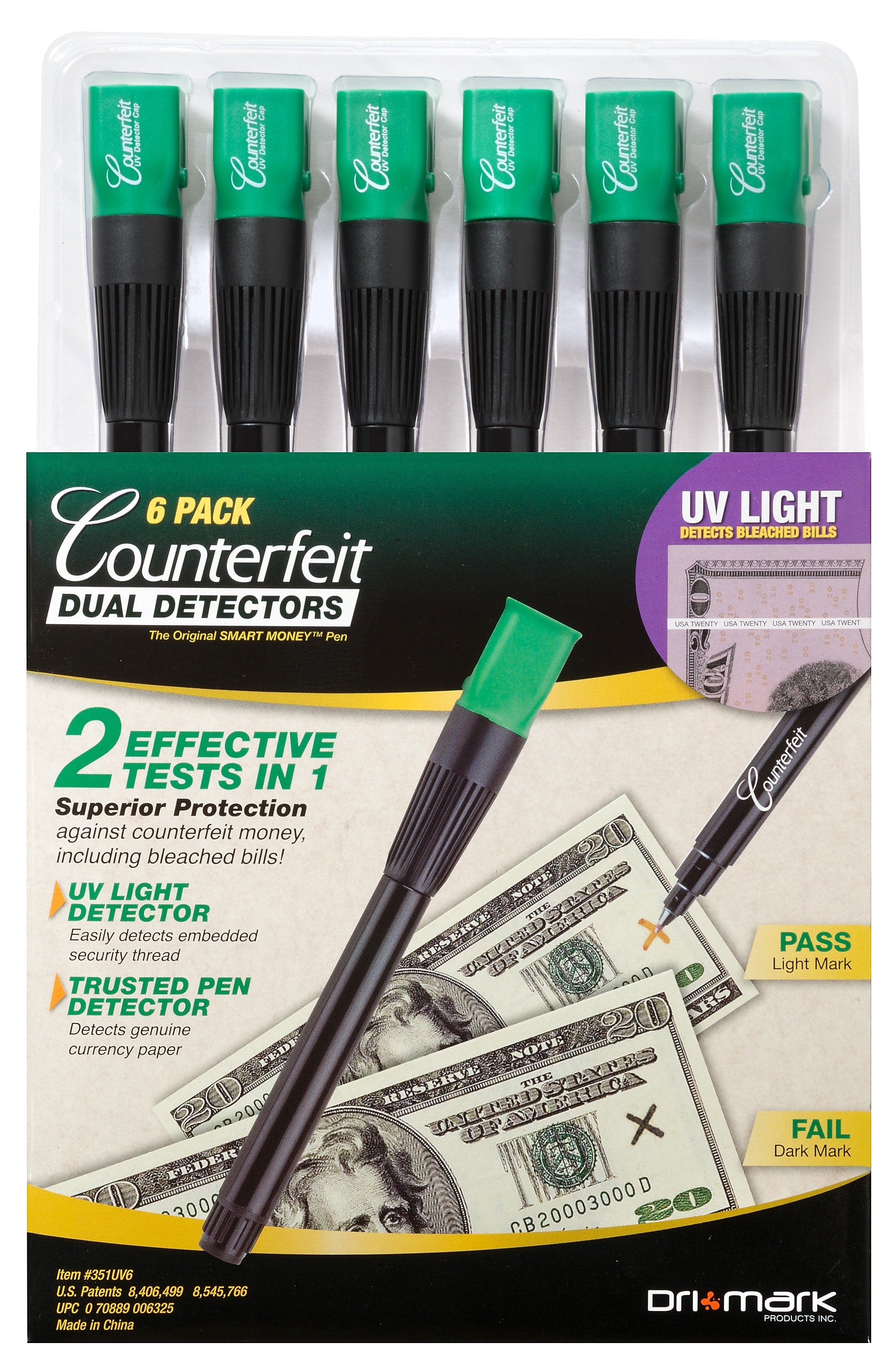 Dri Mark Dual Detector Counterfeit Pens, 6/Pack (351UV6)