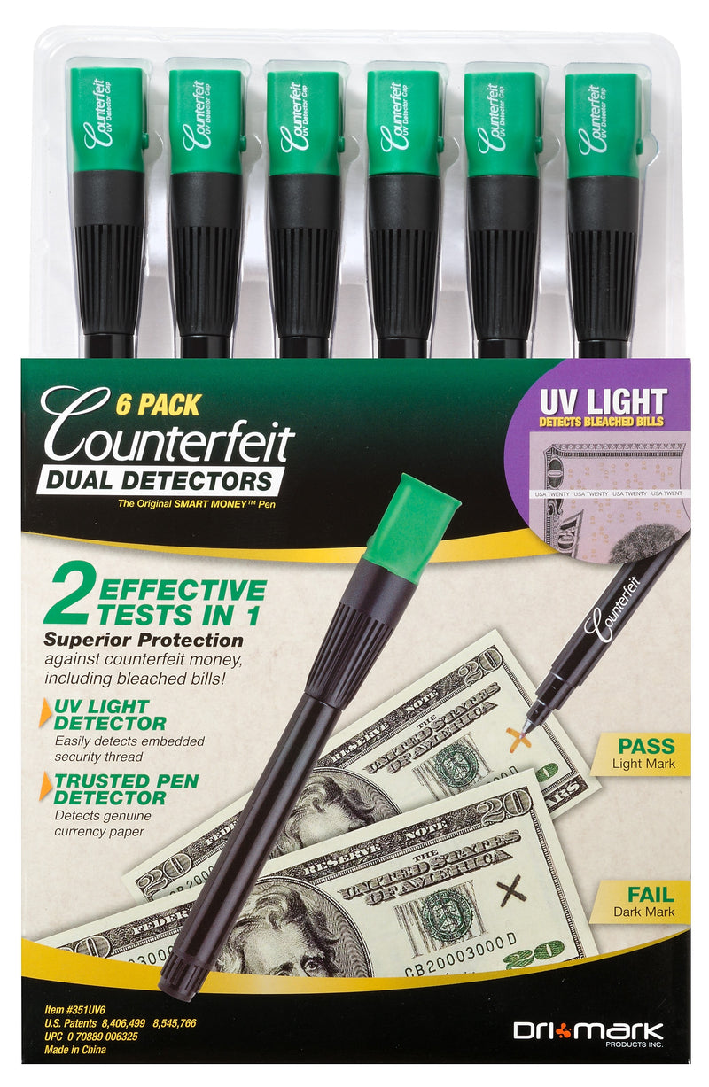 Dri Mark Dual Detector Counterfeit Pens, 6/Pack (351UV6)