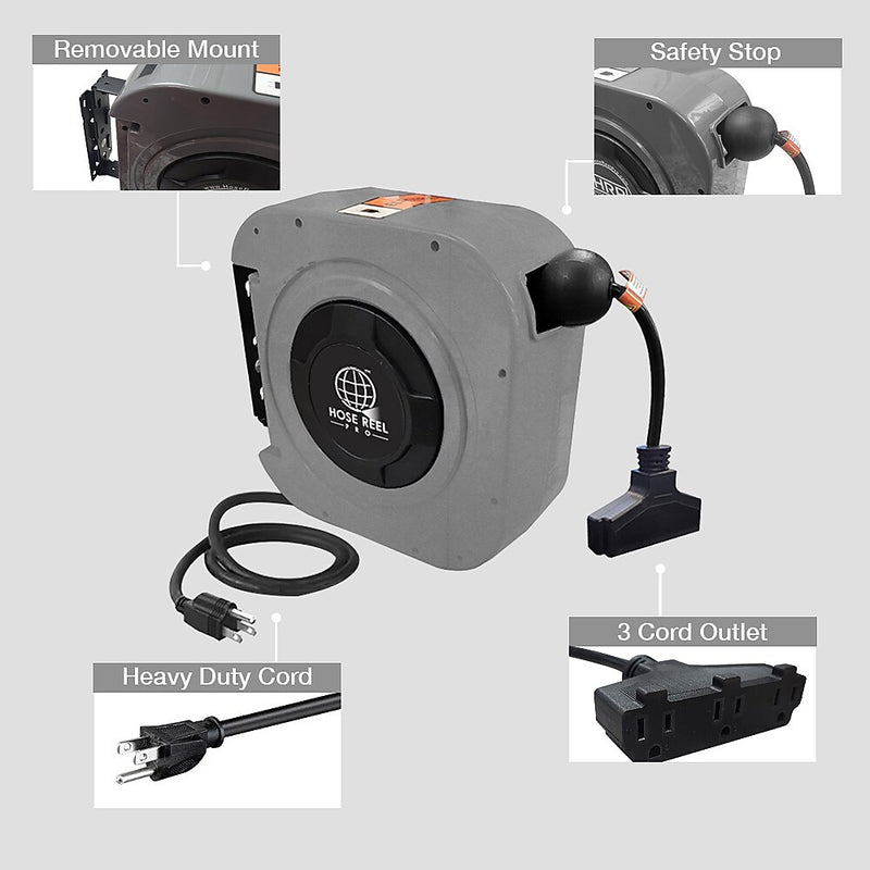 Hose Reel Pro 50 ft. Extension Cord Reel, 3-Outlet, 12 AWG, Gray (EC-GY-50)