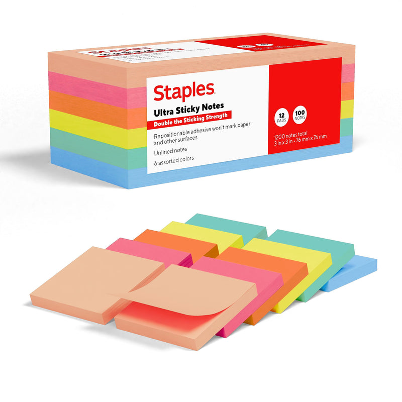 Staples Ultra Sticky Notes, 3" x 3", Golden Hour Collection, 100 Sheets/Pad, 12 Pads/Pack (ST62884)