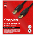 Staples TECH 10 ft. USB-A to USB-B 2.0 Cable, Male to Male, Black (ST62443)