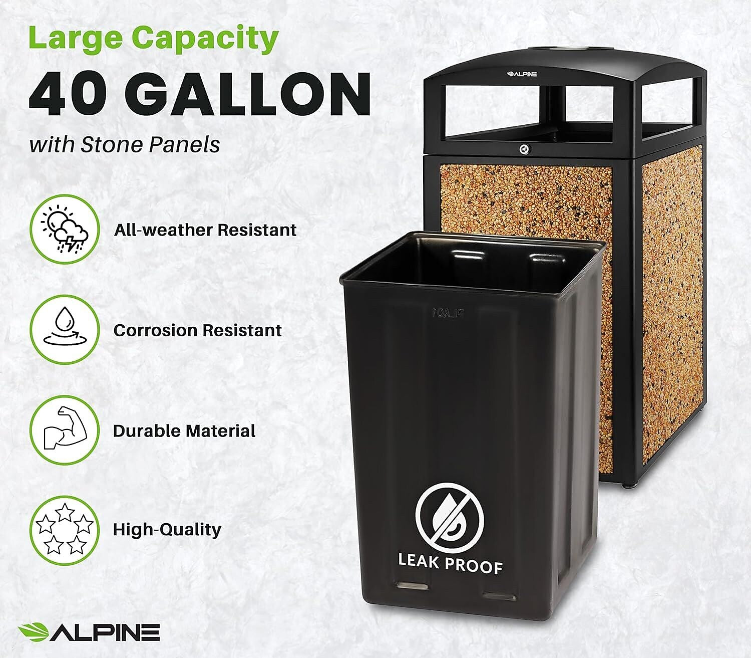 Alpine Industries Steel Outdoor Trash Can with Covered Top and Open Sides, 40 Gallon, Black/Stone, 2/Pack (ALP472-40-STO-2PK)