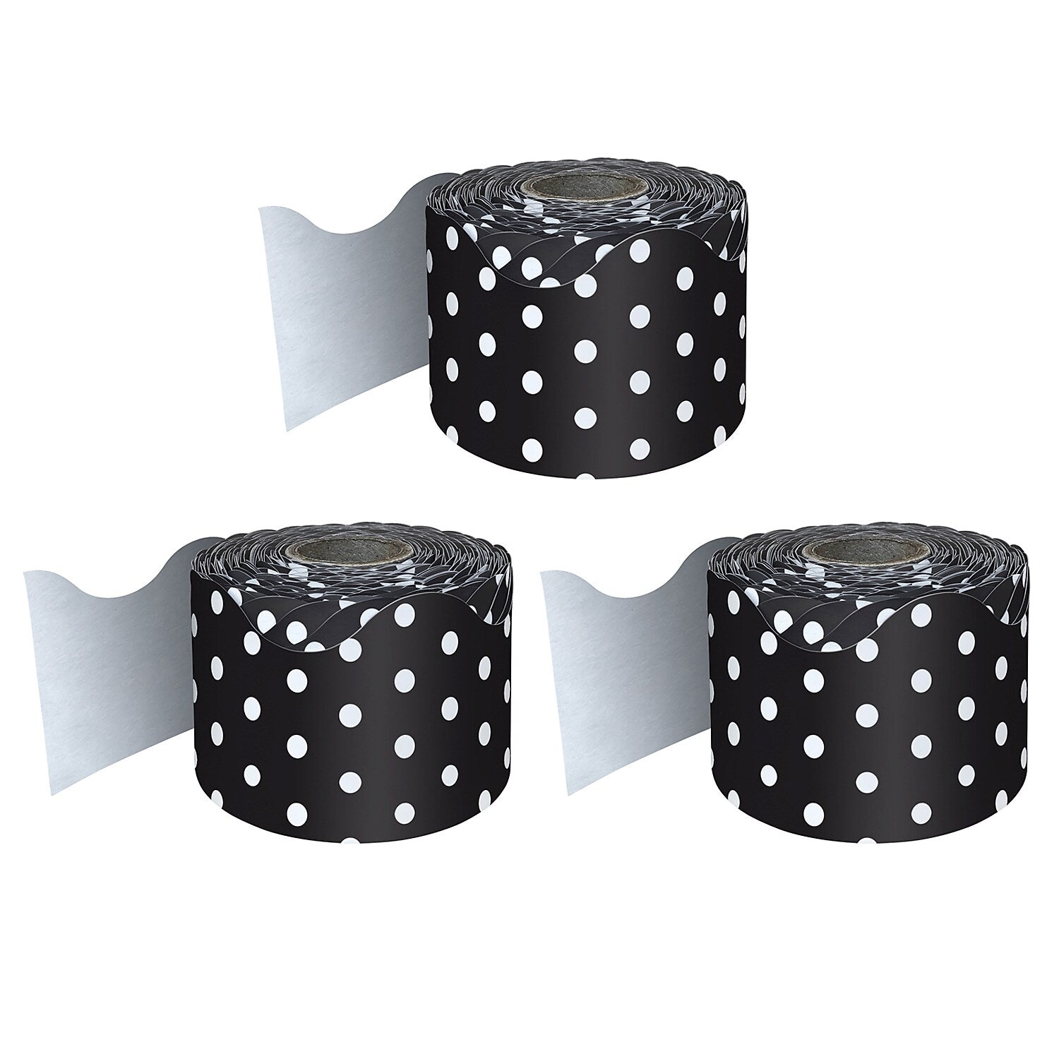 Carson Dellosa Education Rolled Scalloped Border, 2-1/4"x 65', Black with White Polka Dots, 3/Bundle (CD-108474-3)