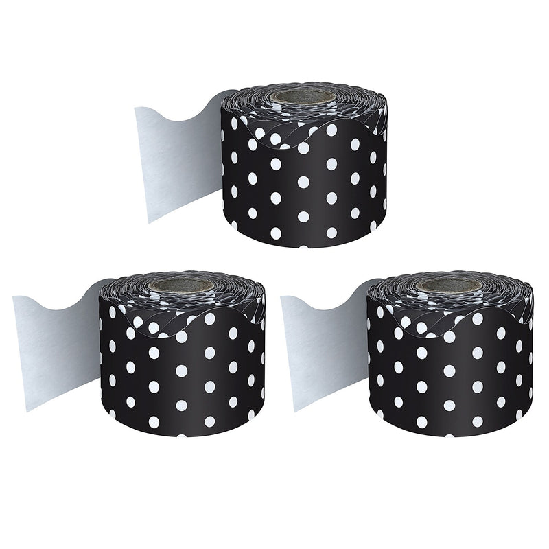 Carson Dellosa Education Rolled Scalloped Border, 2-1/4"x 65', Black with White Polka Dots, 3/Bundle (CD-108474-3)