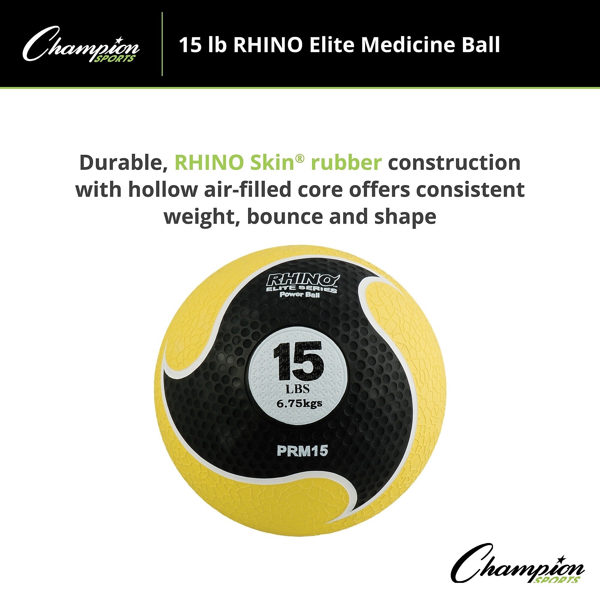 Champion Sports 15 lbs. Rhino Elite Medicine Ball, Yellow (CHMP700)
