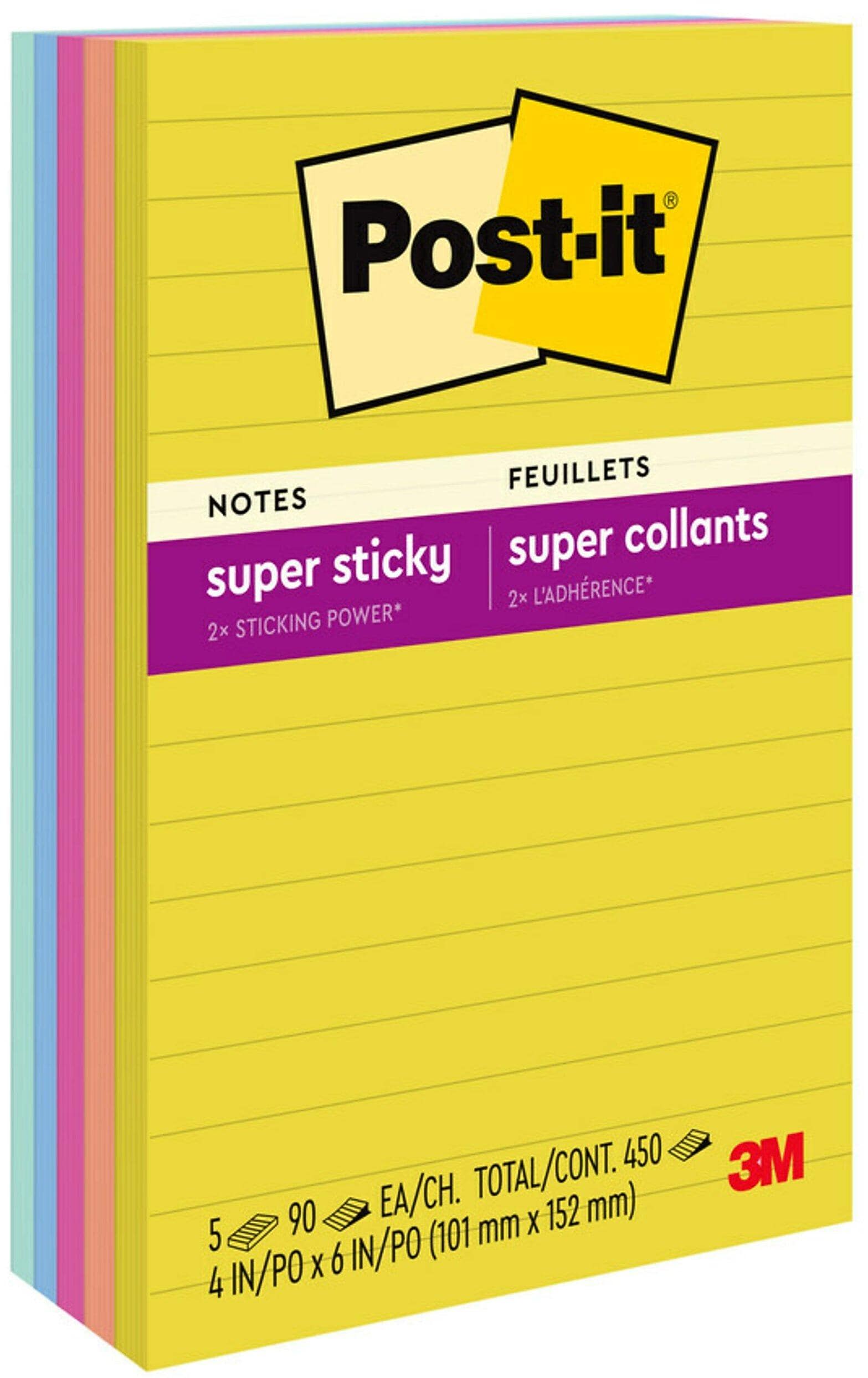 Post-it Super Sticky Notes, 4" x 6", Summer Joy Collection, Lined, 90 Sheet/Pad, 5 Pads/Pack (660-5SSJOY)