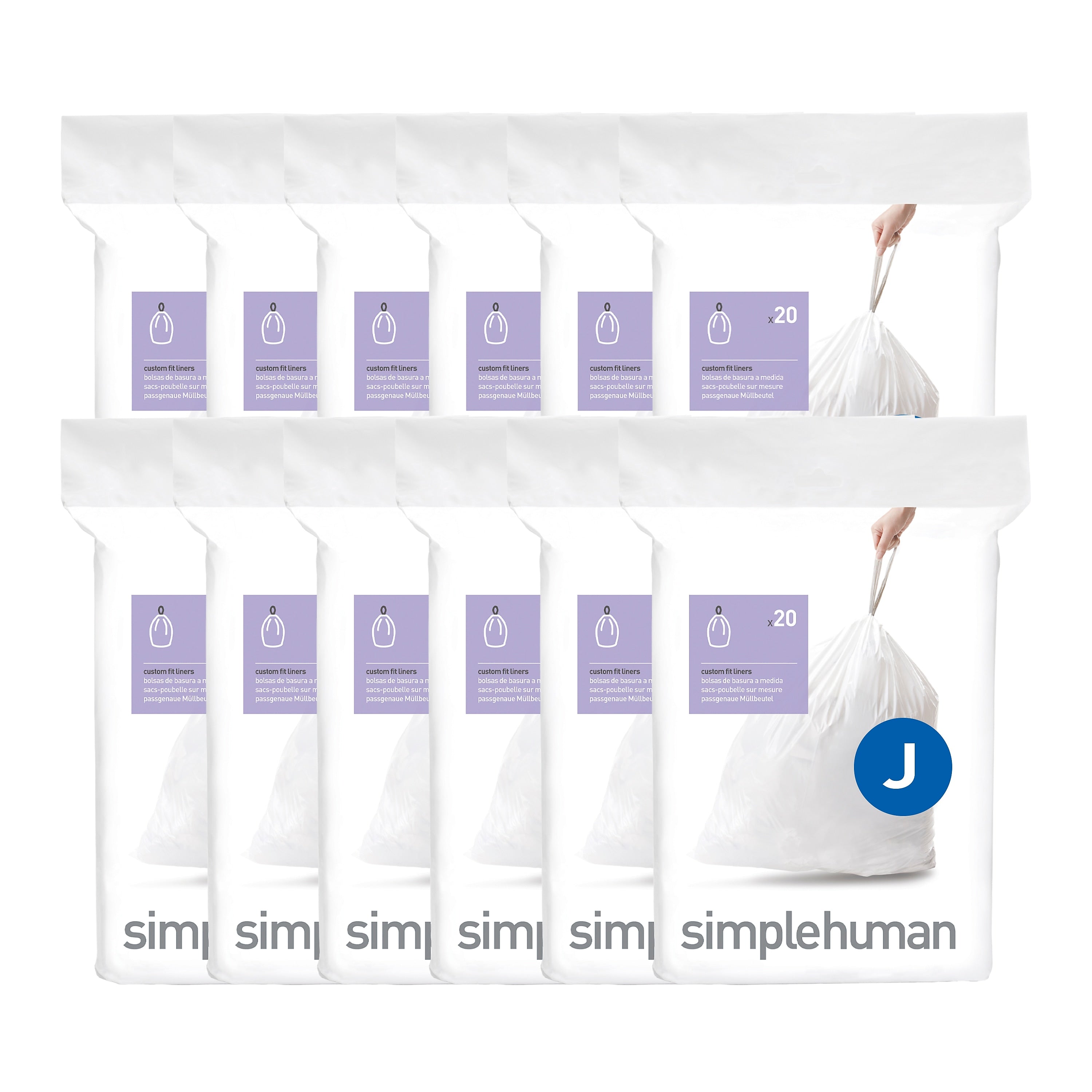 simplehuman Code J 8-12 Gallon Trash Bag, 6.5" x 8.9", Low Density, 1.3 mil, White, 240 Bags/Box (CW0259)