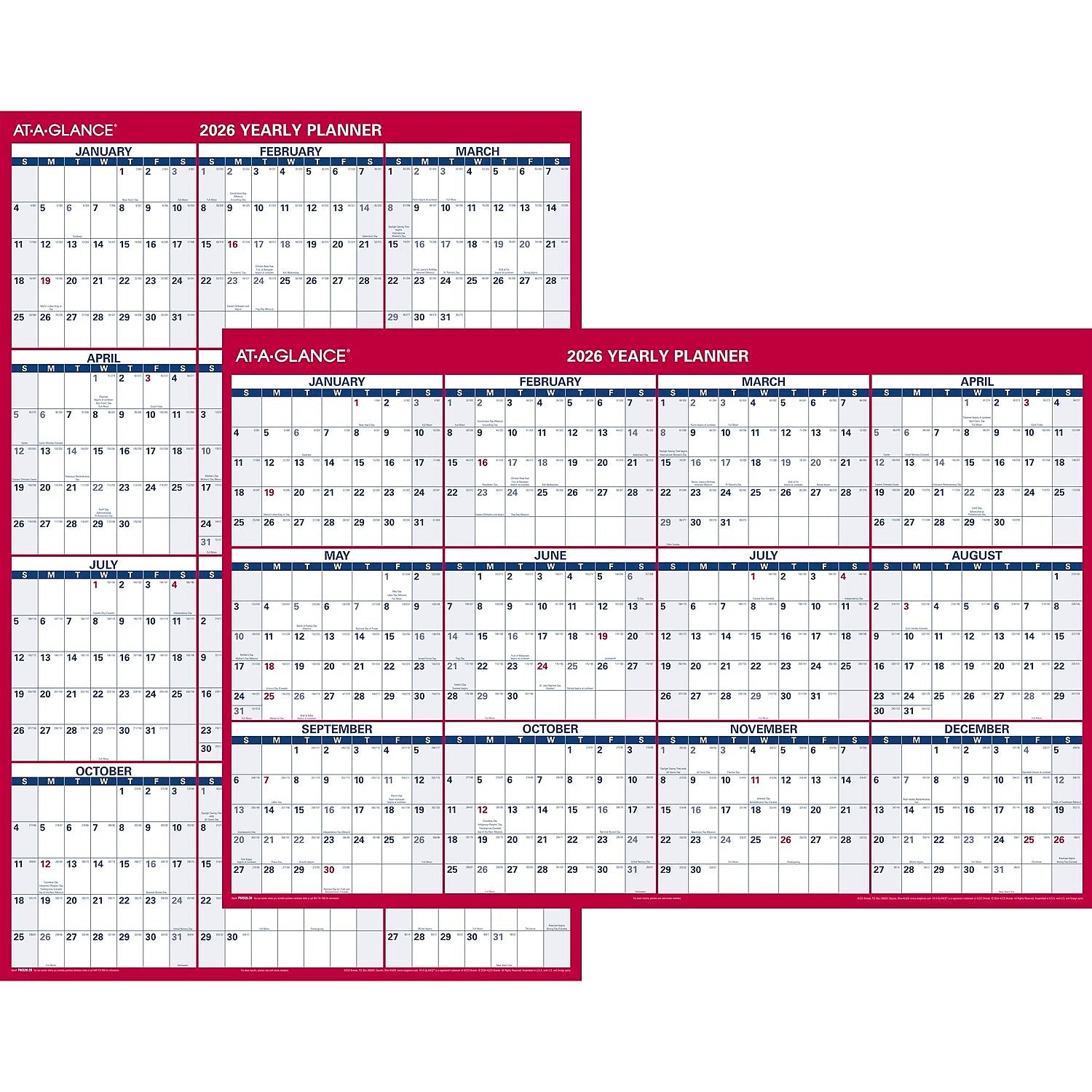 2026 AT-A-GLANCE 48" x 32" Yearly Dry Erase Wall Calendar, Reversible, White/Red (PM326-28-26)