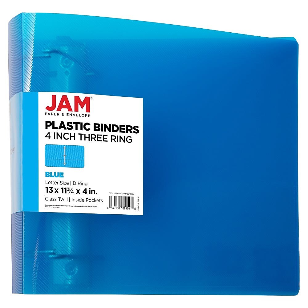JAM Paper 4" 3-Ring Flexible Poly Binder, Blue (PB75245BU)