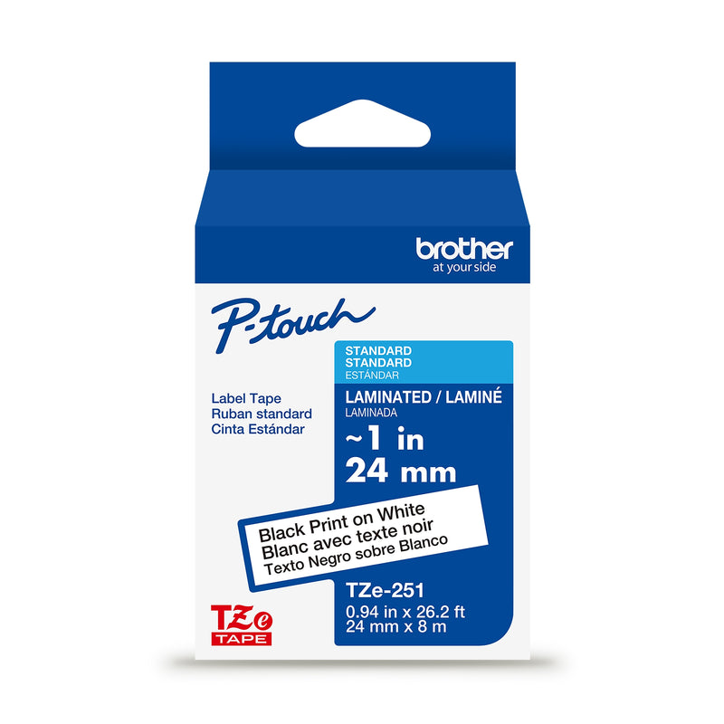 Brother P-touch Laminated Label Tape, 1" x 26.2', Black on White (TZe251)