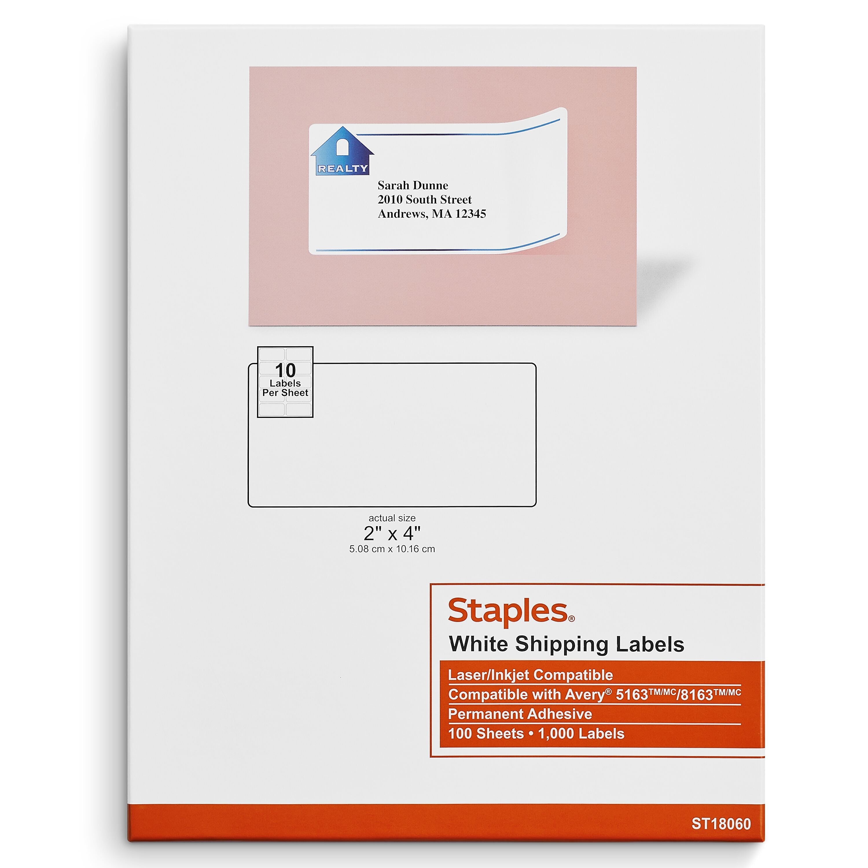 Staples Laser/Inkjet Shipping Labels, 2" x 4", White, 10 Labels/Sheet, 100 Sheets/Pack (ST18060-CC)