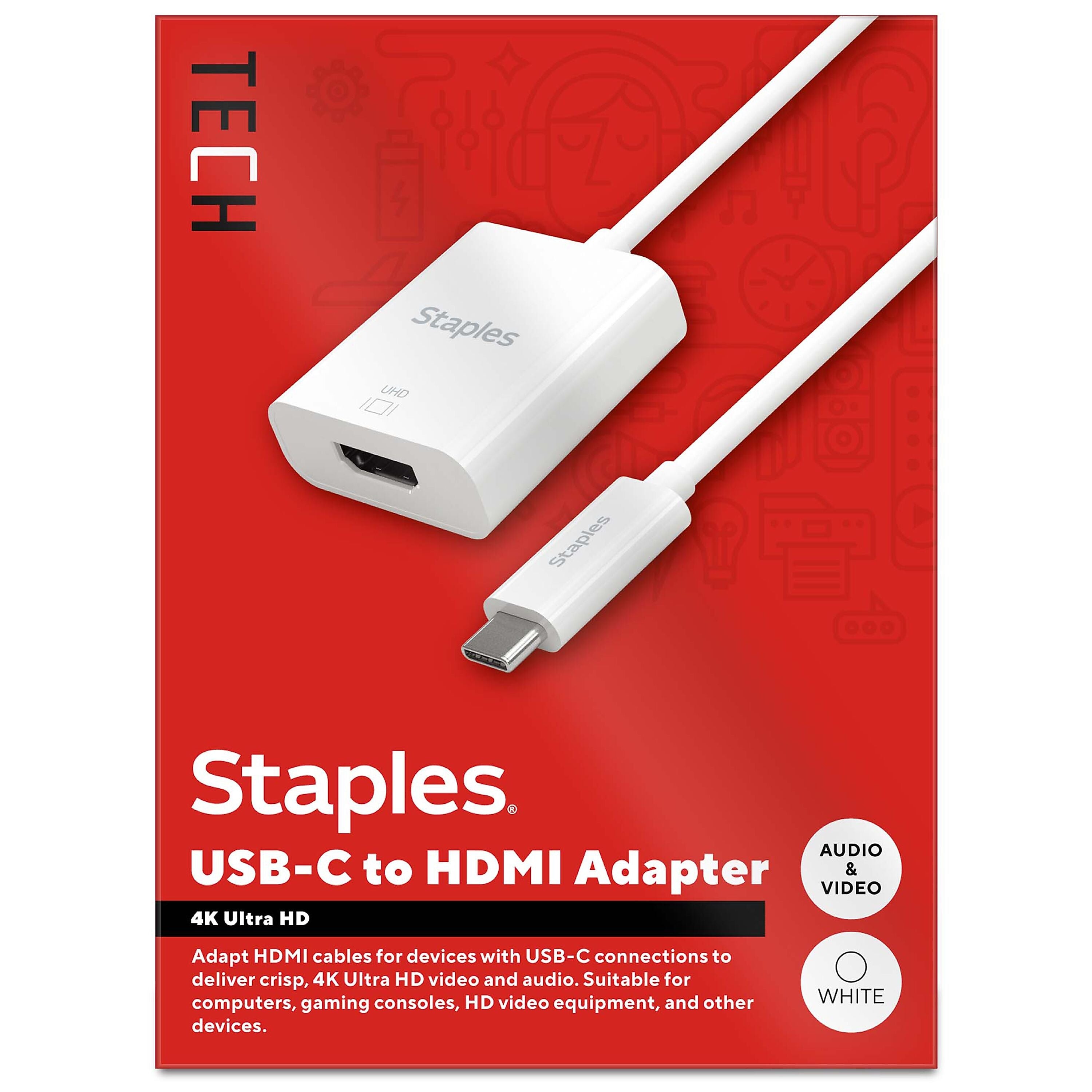 Staples TECH USB-C to HDMI Audio/Video Adapter, Male to Female, White (ST62365)