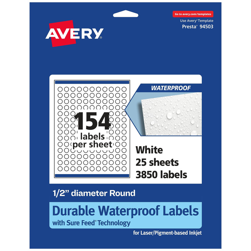 Avery Laser/Inkjet Round Multipurpose Labels, 0.5" Dia., White, 3,850 Labels/Pack (94503)