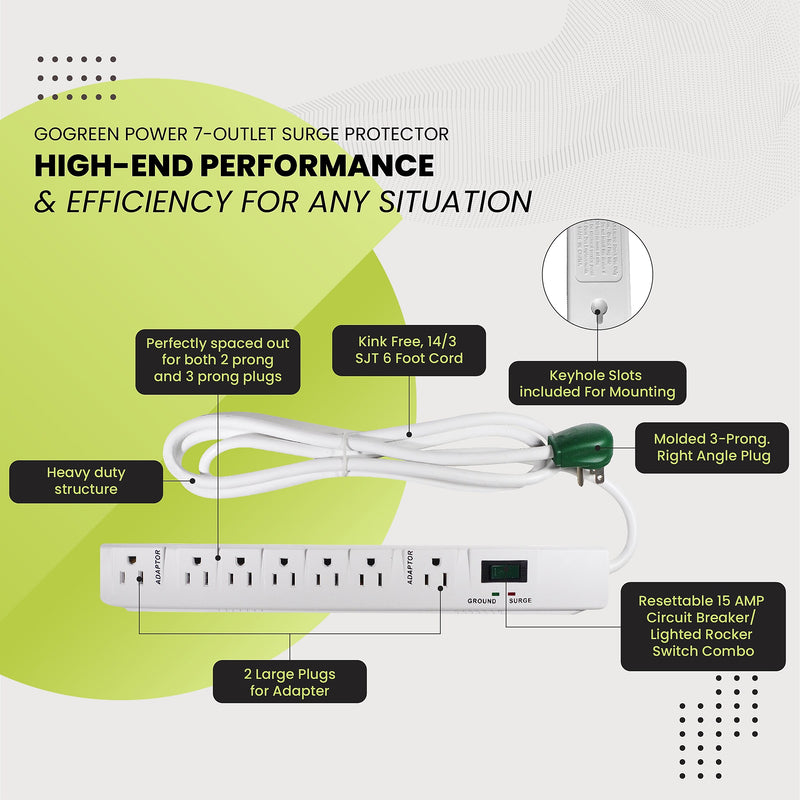 GoGreen Power 6' Metal Surge Protector, 7 Outlets, White (GG-17636)