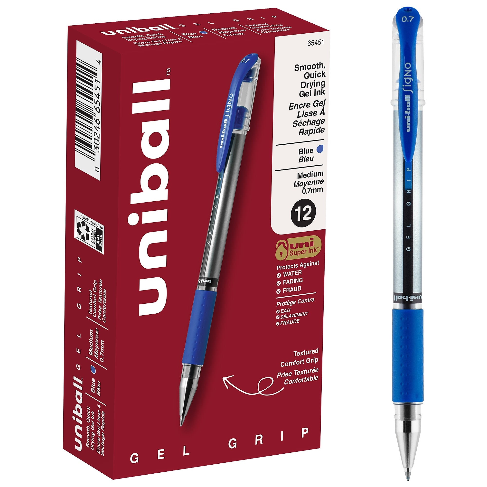 uni-ball Gel Grip Gel Pens, Medium Point, 0.7mm, Blue Ink, 12/Pack (65451)