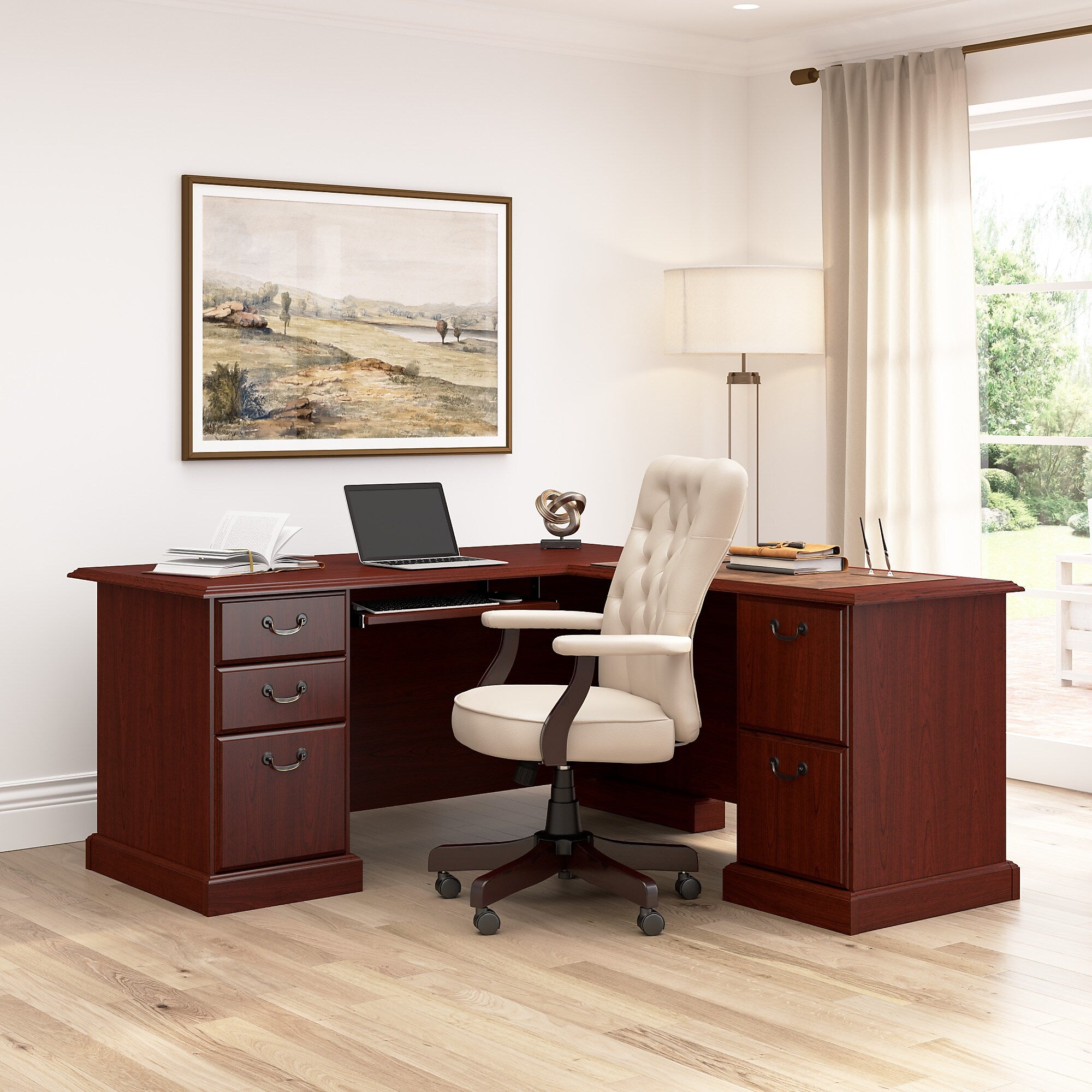 Bush Business Furniture 66"W Arlington L Shaped Desk with Drawers and Keyboard Tray, Harvest Cherry (WC65570-03K)