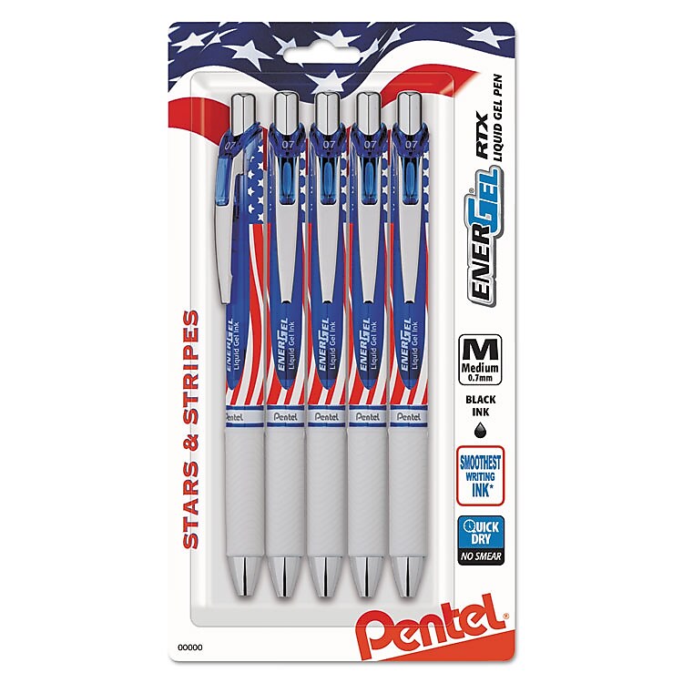 Pentel EnerGel Stars & Stripes Liquid Gel Pen, Medium Point, 0.7 mm, Black, 5/Pack