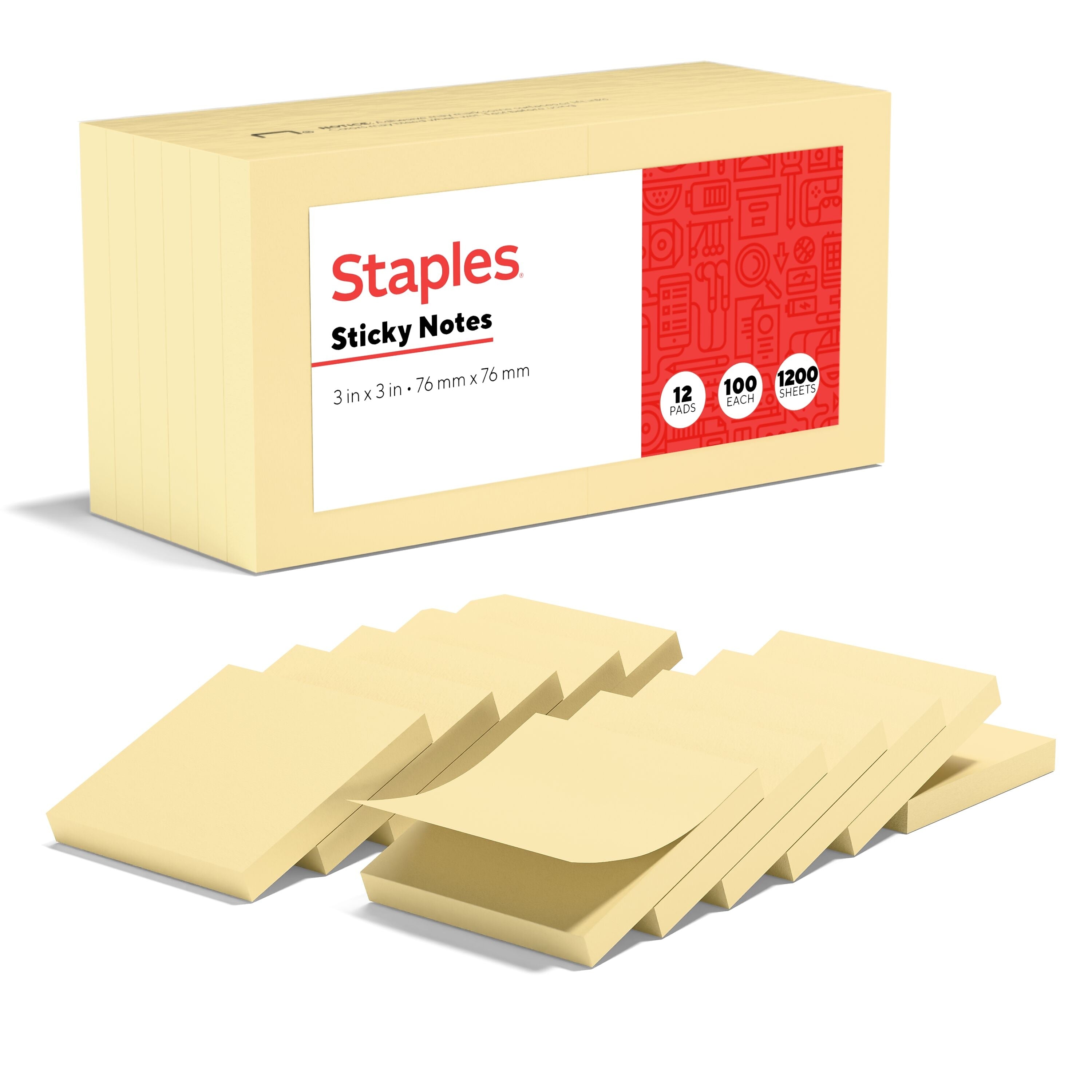 Staples Recycled Sticky Notes, 3" x 3", Sunshine Collection, 100 Sheets/Pad, 12 Pads/Pack (S33YR12/52564)