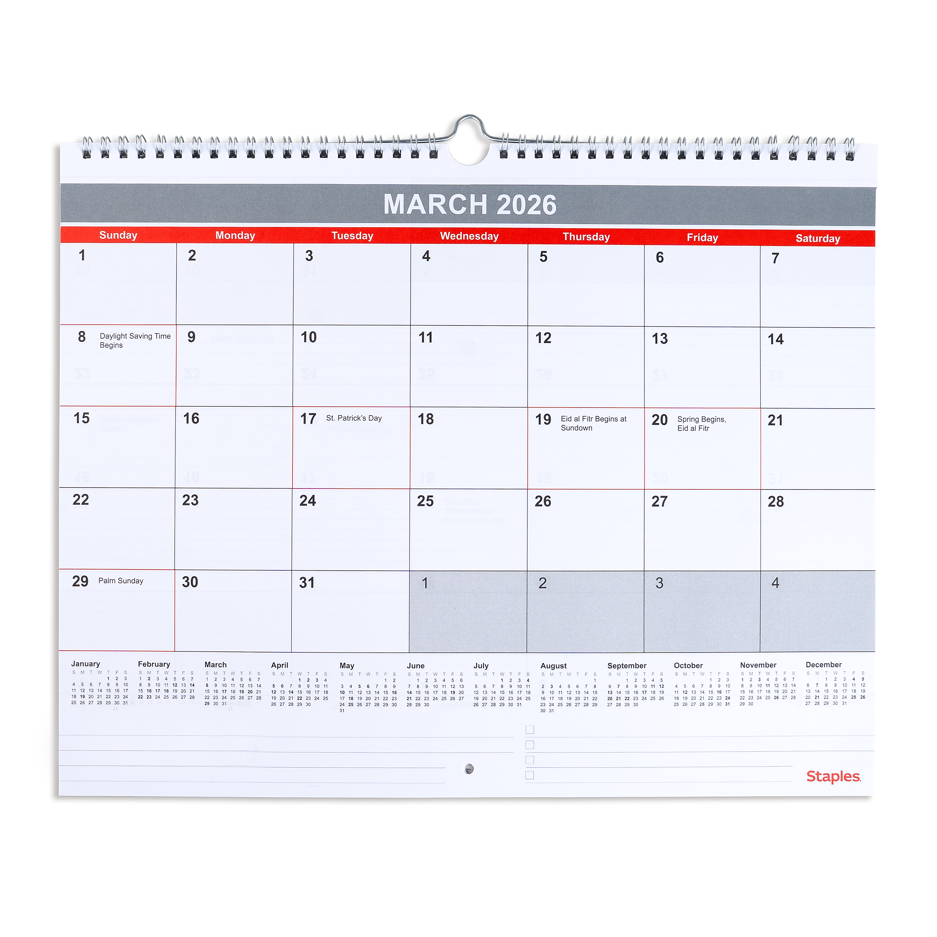 2026 Staples 15" x 12" Monthly Wall Calendar, White/Red/Gray (ST52080-26)