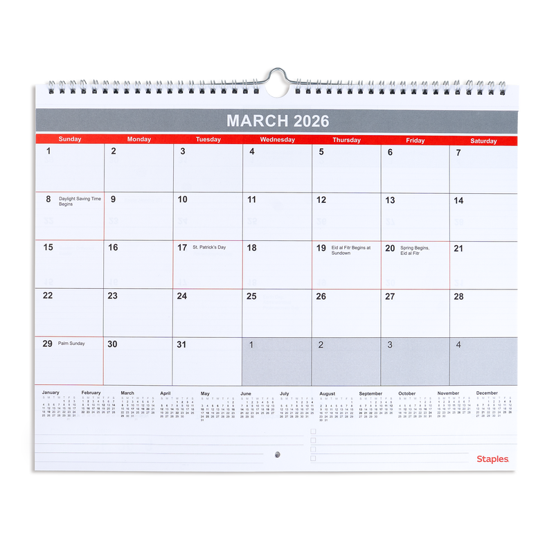 2026 Staples 15" x 12" Monthly Wall Calendar, White/Red/Gray (ST52080-26)