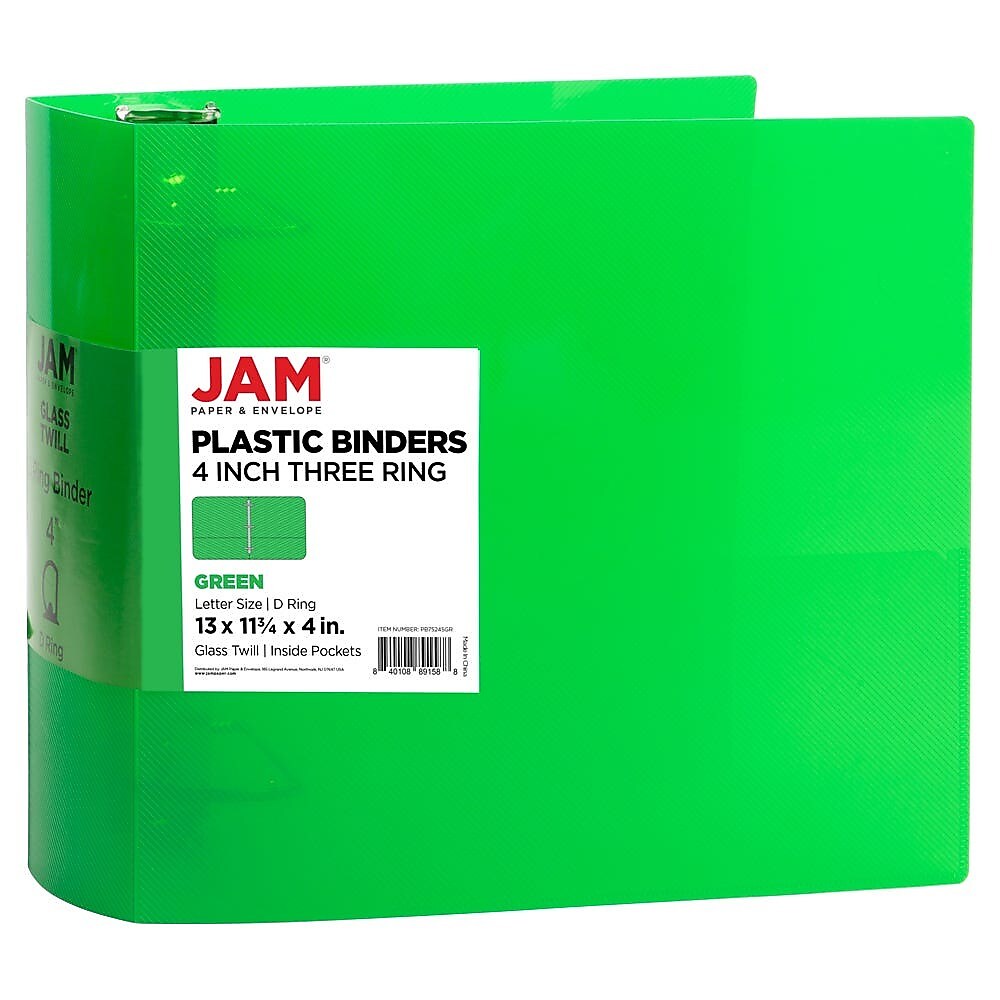 JAM Paper 4" 3-Ring Flexible Poly Binder, Green (PB75245GR)