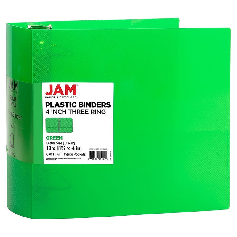 JAM Paper 4" 3-Ring Flexible Poly Binder, Green (PB75245GR)