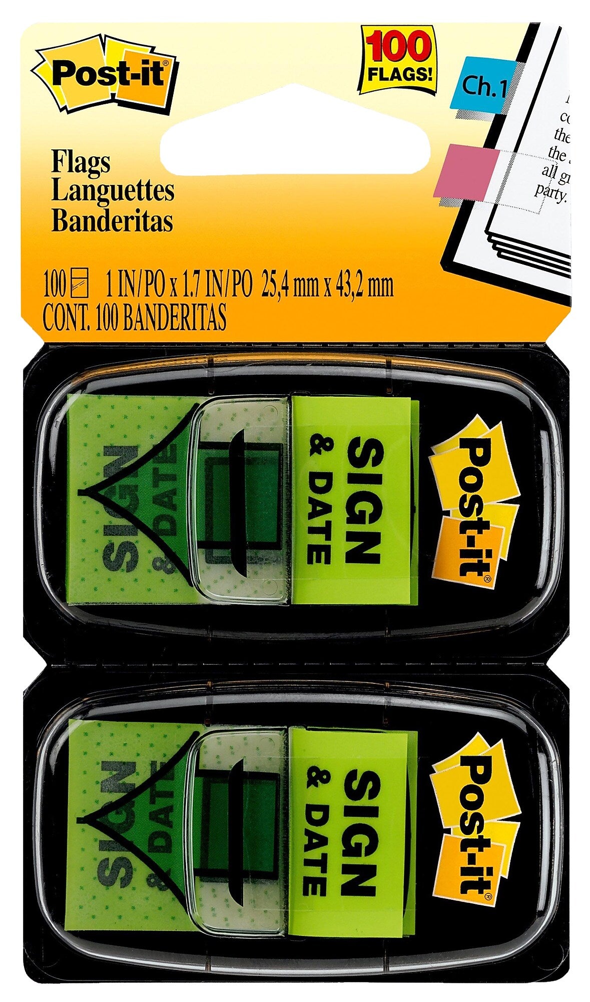 Post-it 'Sign and Date' Message Flags, 1" Wide, Green, 100 Flags/Pack (680-SD2)