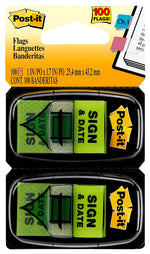 Post-it 'Sign and Date' Message Flags, 1" Wide, Green, 100 Flags/Pack (680-SD2)