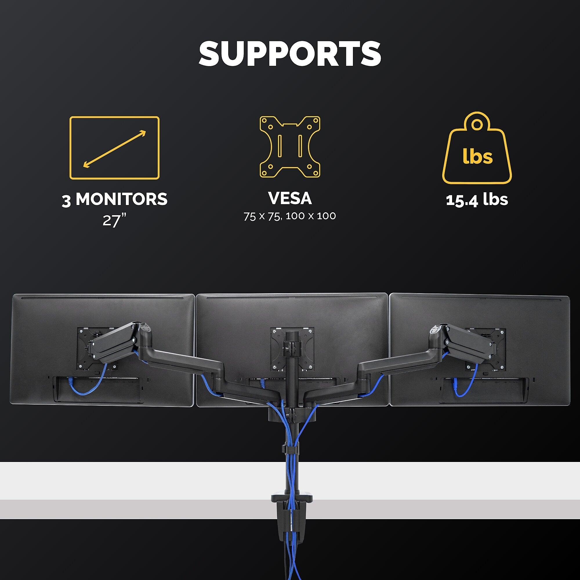 Fellowes Platinum Series Adjustable Triple Monitor Arm, Up to 27" Monitor, Black (8042601)
