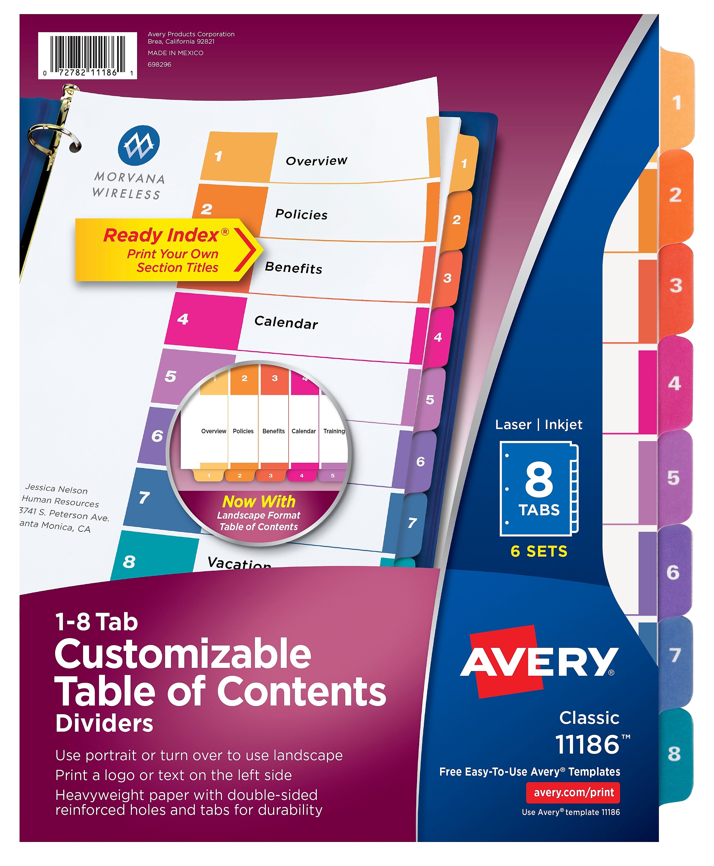 Avery Ready Index Table of Contents Pre-Printed Numeric Paper Divider, 8 Tabs, Multicolor, 6 Sets (11186)