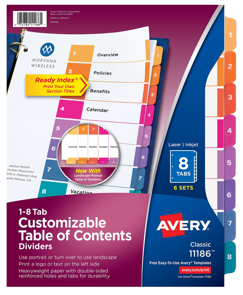 Avery Ready Index Table of Contents Pre-Printed Numeric Paper Divider, 8 Tabs, Multicolor, 6 Sets (11186)