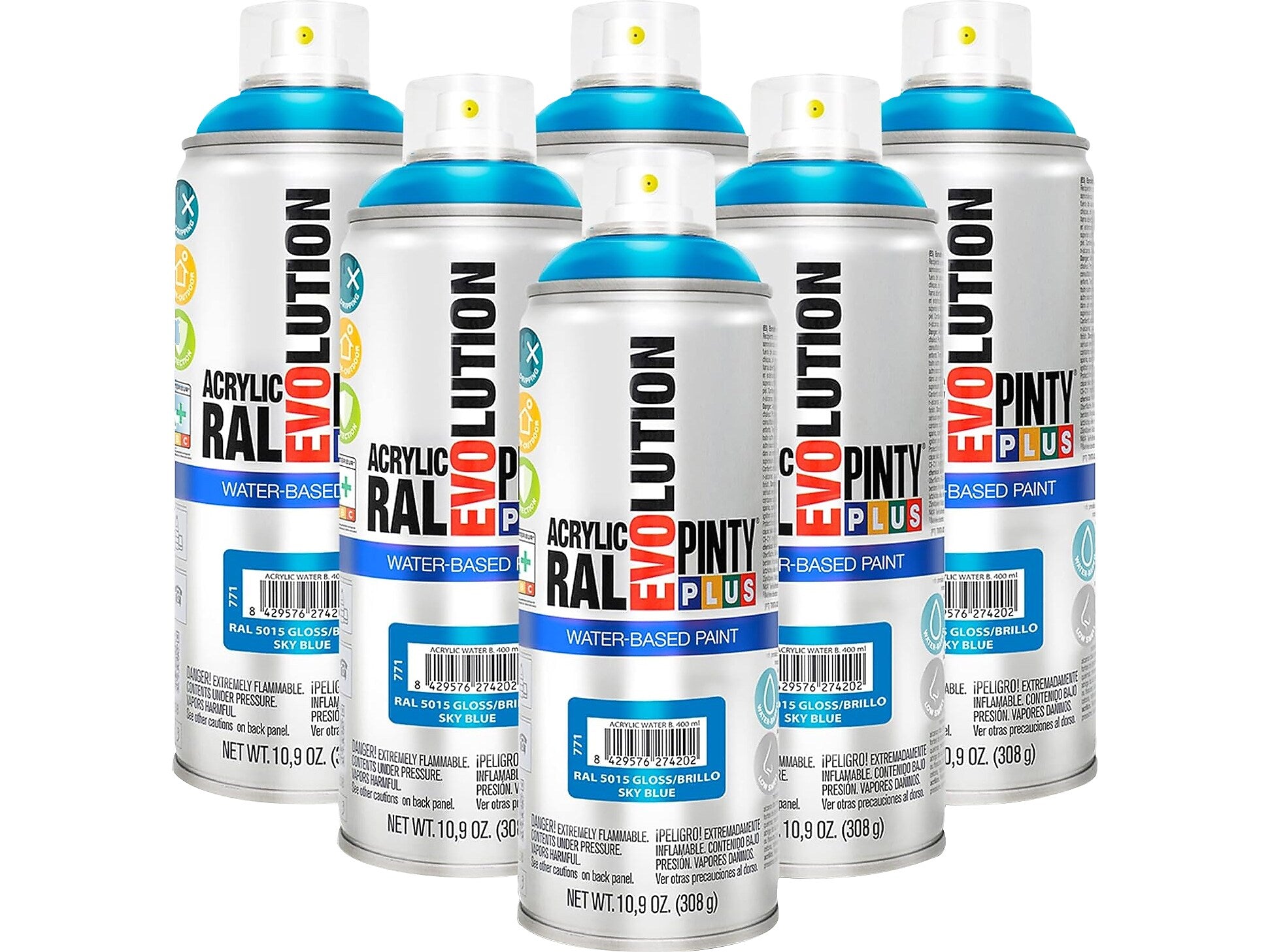 Pintyplus Evolution Water-Based Spray Paint, Sky Blue, 10.9 oz., 6/Pack (NOV 771-CS)