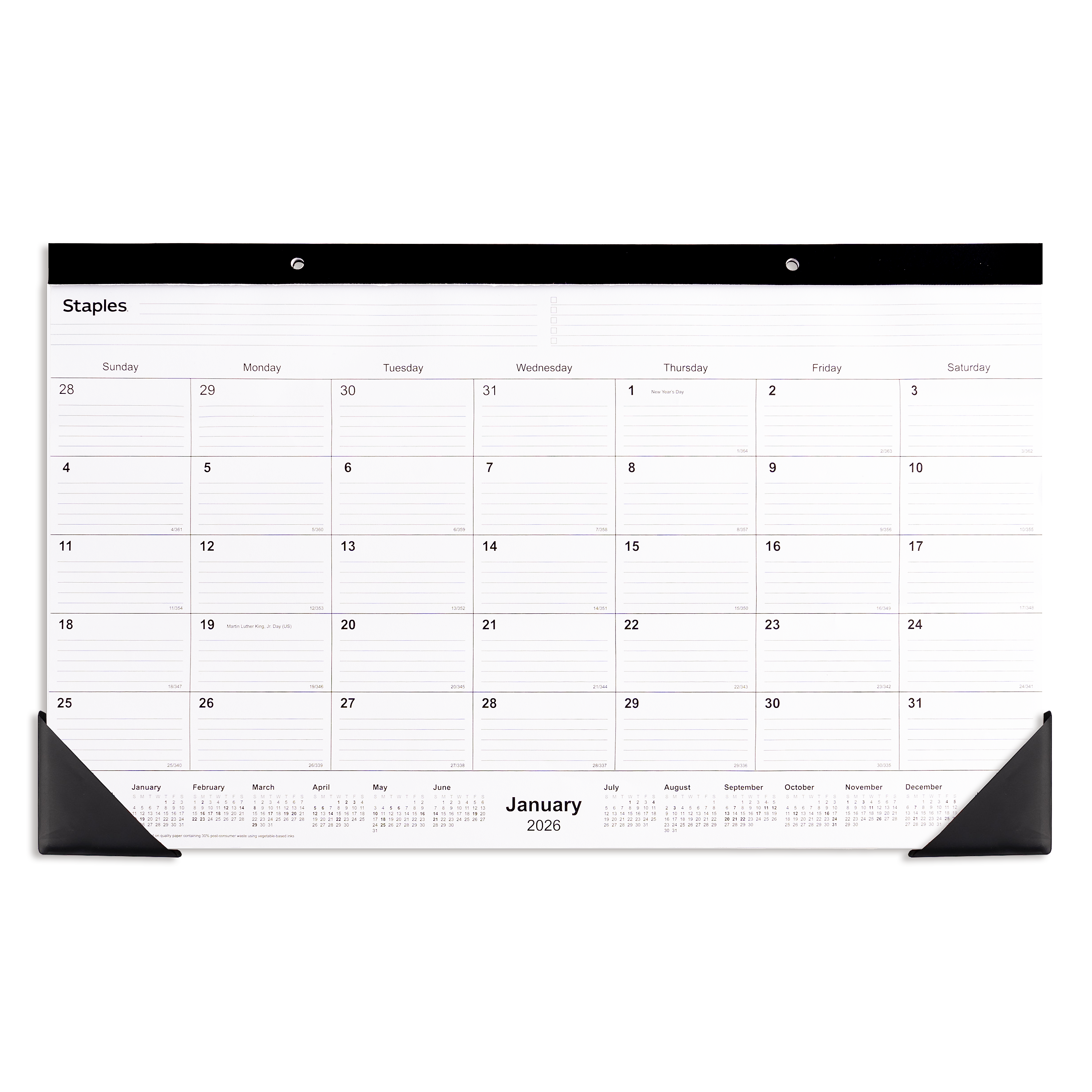 2026 Staples 18" x 11" Monthly Desk Pad Calendar, White/Black (ST17392-26)