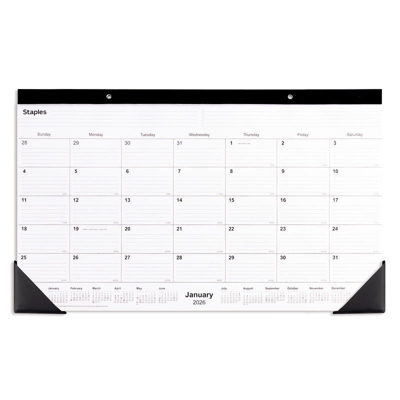 2026 Staples 18" x 11" Monthly Desk Pad Calendar, White/Black (ST17392-26)