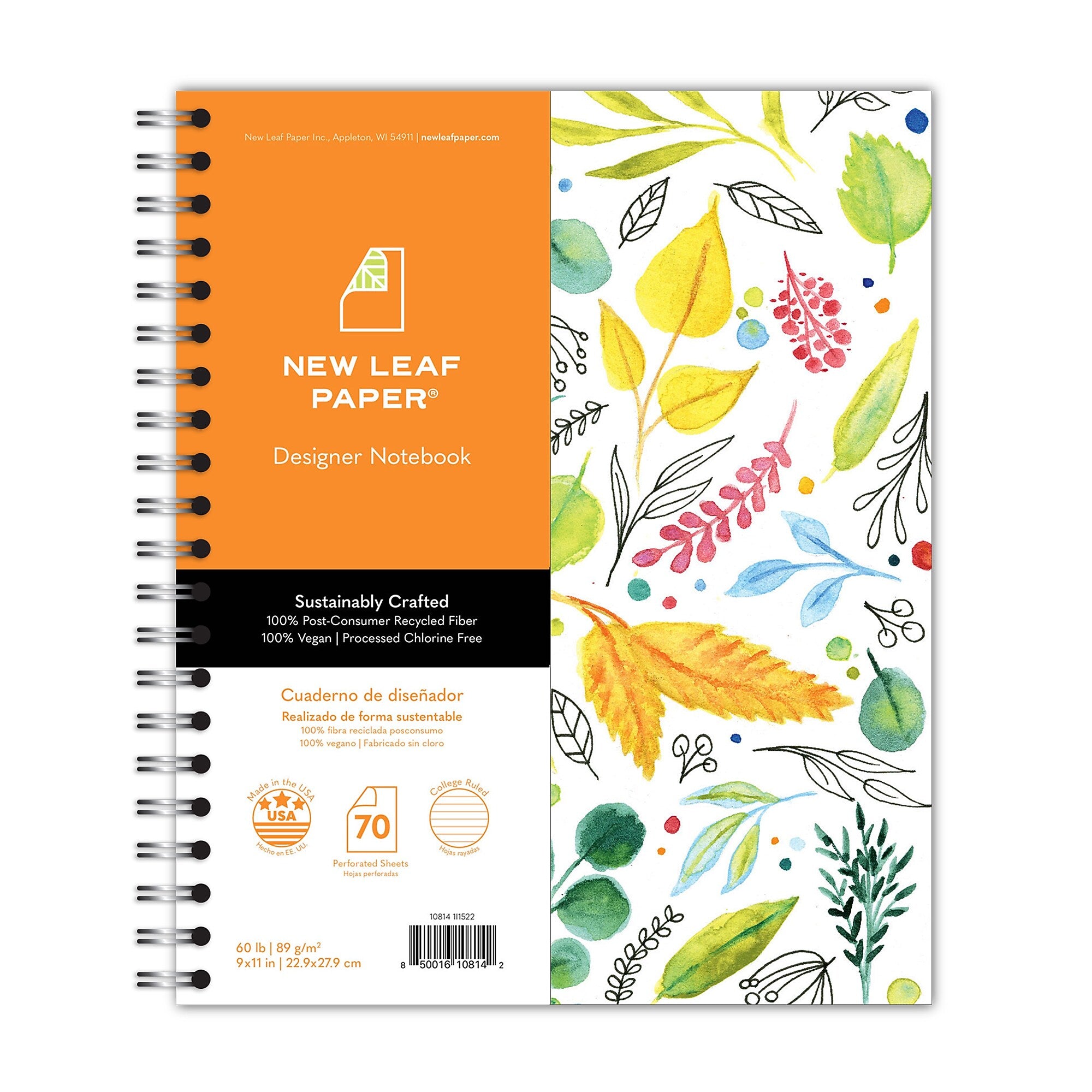 Roaring Spring New Leaf 1-Subject Notebooks, 9" x 11", College Ruled, 70 Sheets, Multicolor, 12/Carton (10843CS)