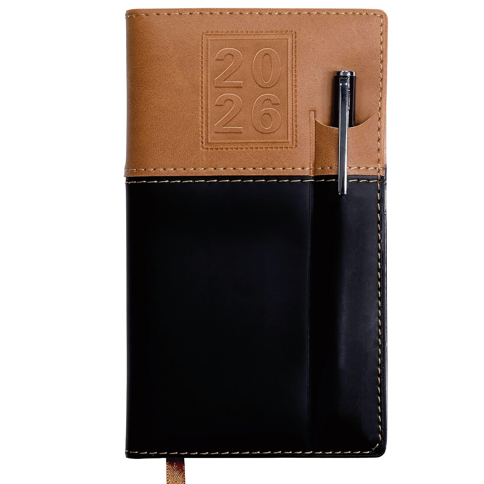 2026 Global Printed Products 3.5" x 6" Weekly & Monthly Planner, Faux Leather Cover, Black/Brown (NRY26-PKT-BN-P)