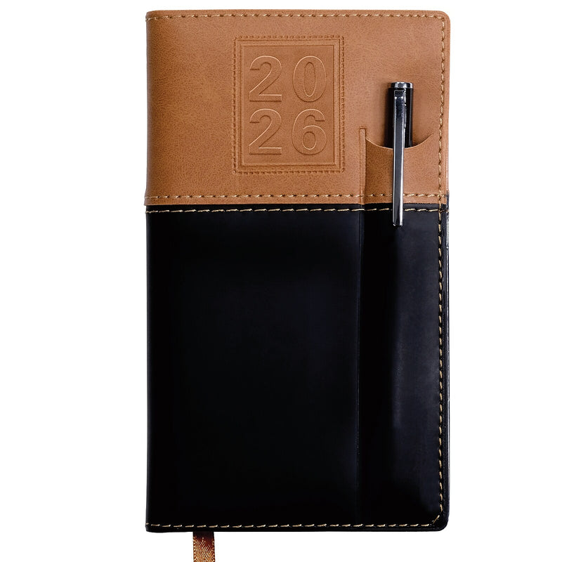 2026 Global Printed Products 3.5" x 6" Weekly & Monthly Planner, Faux Leather Cover, Black/Brown (NRY26-PKT-BN-P)