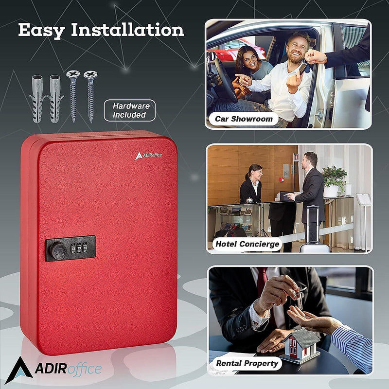 AdirOffice 48-Key Cabinet with Combination Lock and Key Tags, Red (682-48-RED-689-PKG)