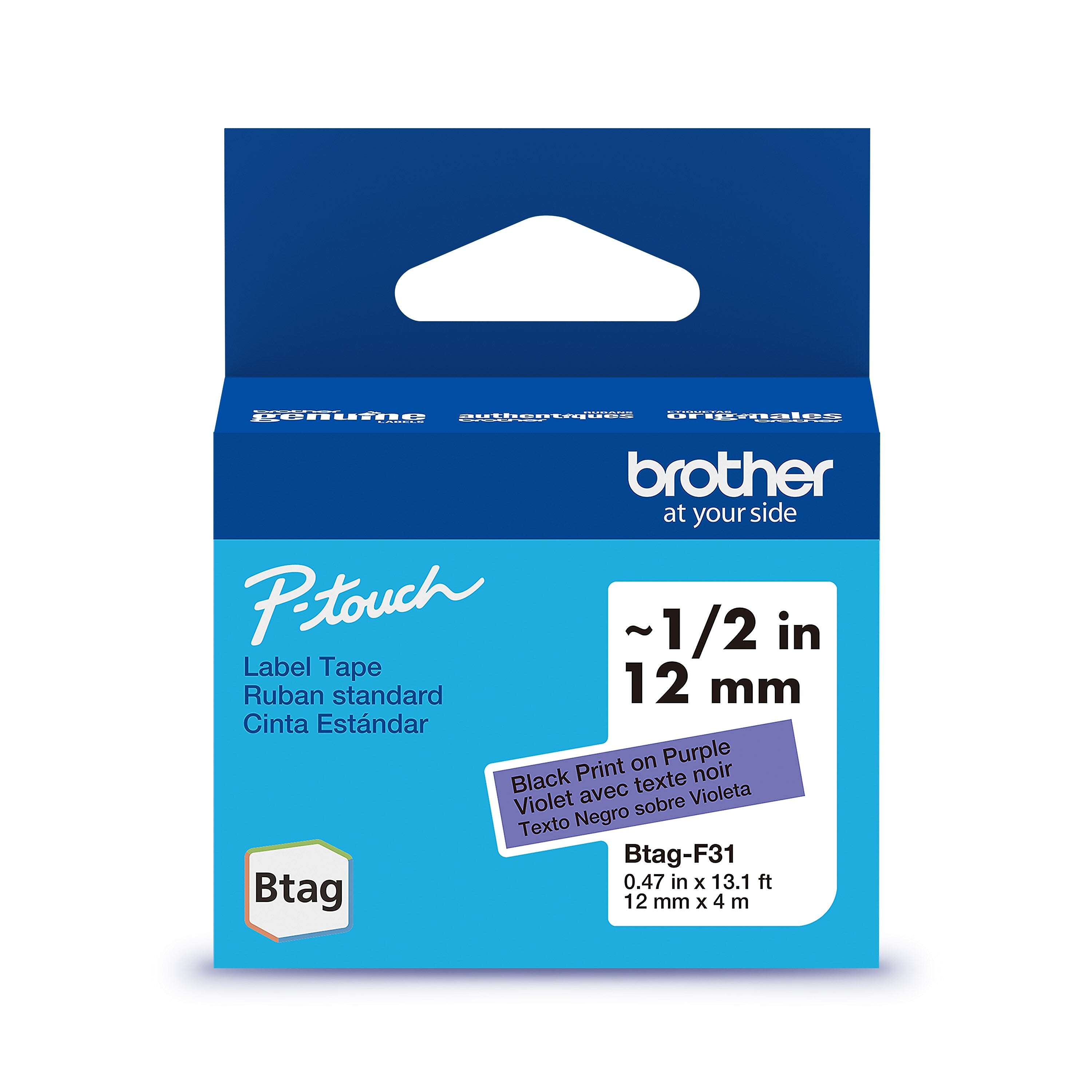 Brother P-touch Btag Label Tape, 1/2" x 13.1' (12mm x 4m), Black on Purple (BTAGF31)