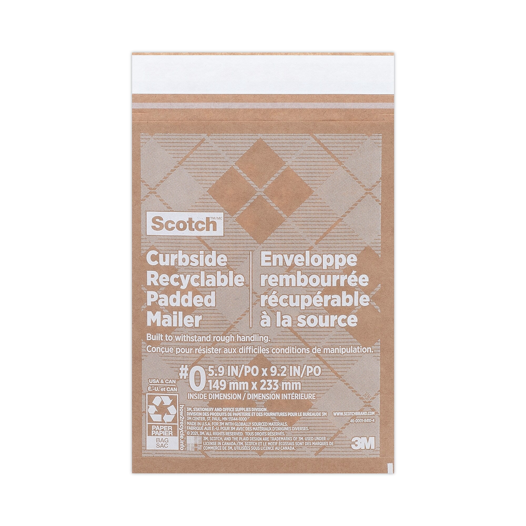 Scotch Curbside Recyclable Padded Mailer, #0, Bubble Cushion, Self-Adhesive Closure, 7 x 11.25, Natural Kraft, 100/Carton