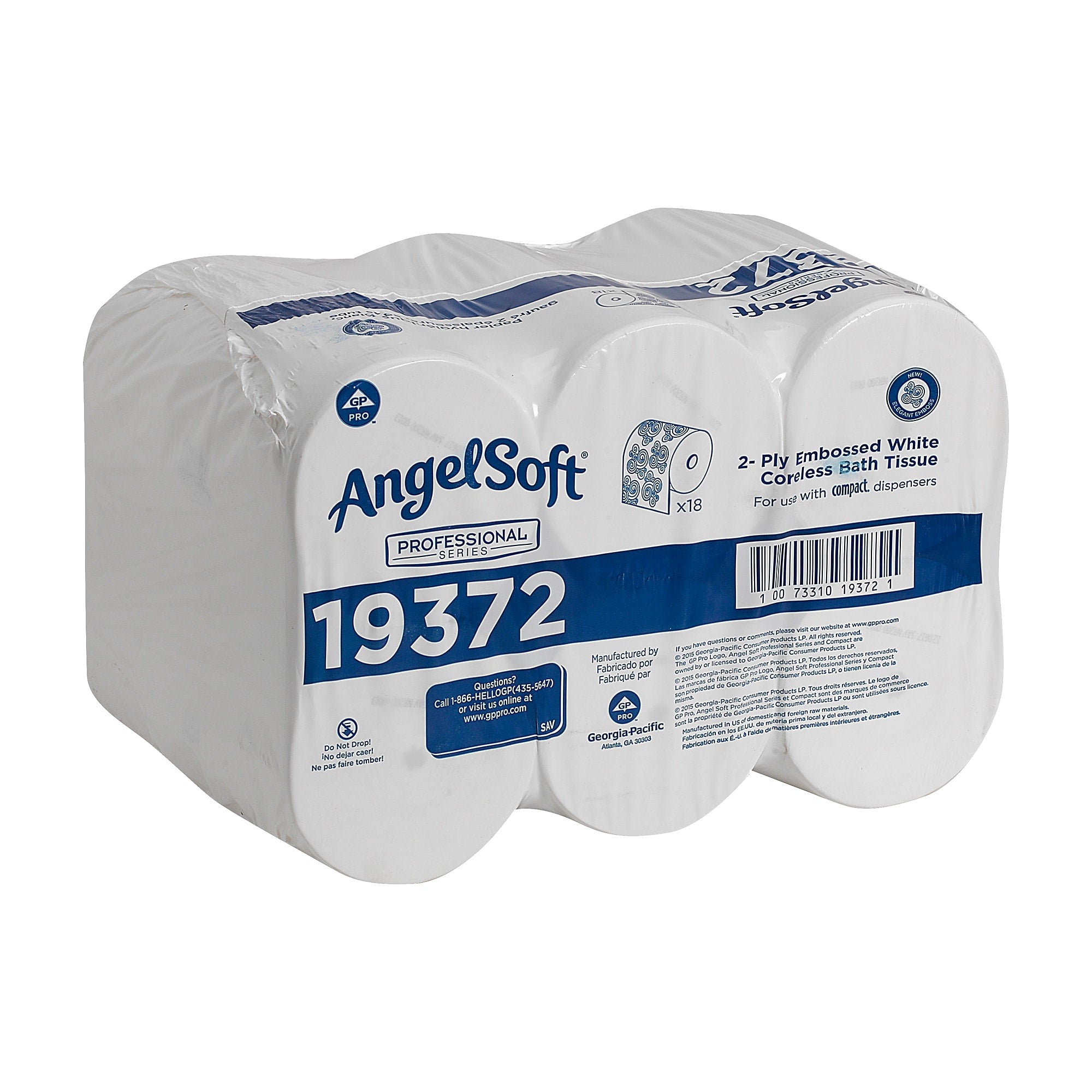 Angel Soft Professional Series Compact Recycled Coreless Toilet Paper, 2-Ply, White, 1125 Sheets/Roll, 18 Rolls/Carton (19372)