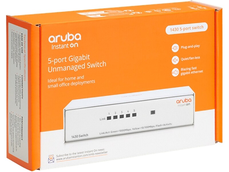 Aruba Instant On 1430 5-Port Gigabit Ethernet Unmanaged Switch, White (R8R44A#ABA)
