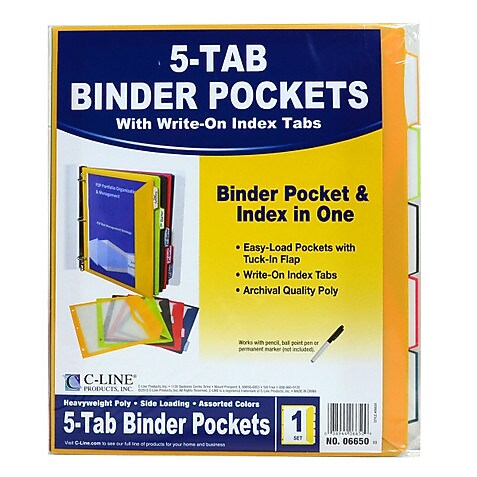 C-Line Poly Binder Pockets With Write-On Index Tabs, 3-Hole Punched, 5 Tabs, Assorted Colors (CLI06650)