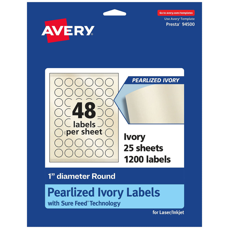 Avery Laser/Inkjet Round Multipurpose Labels, 1" Dia., Ivory, 1200 Labels/Pack (94500)