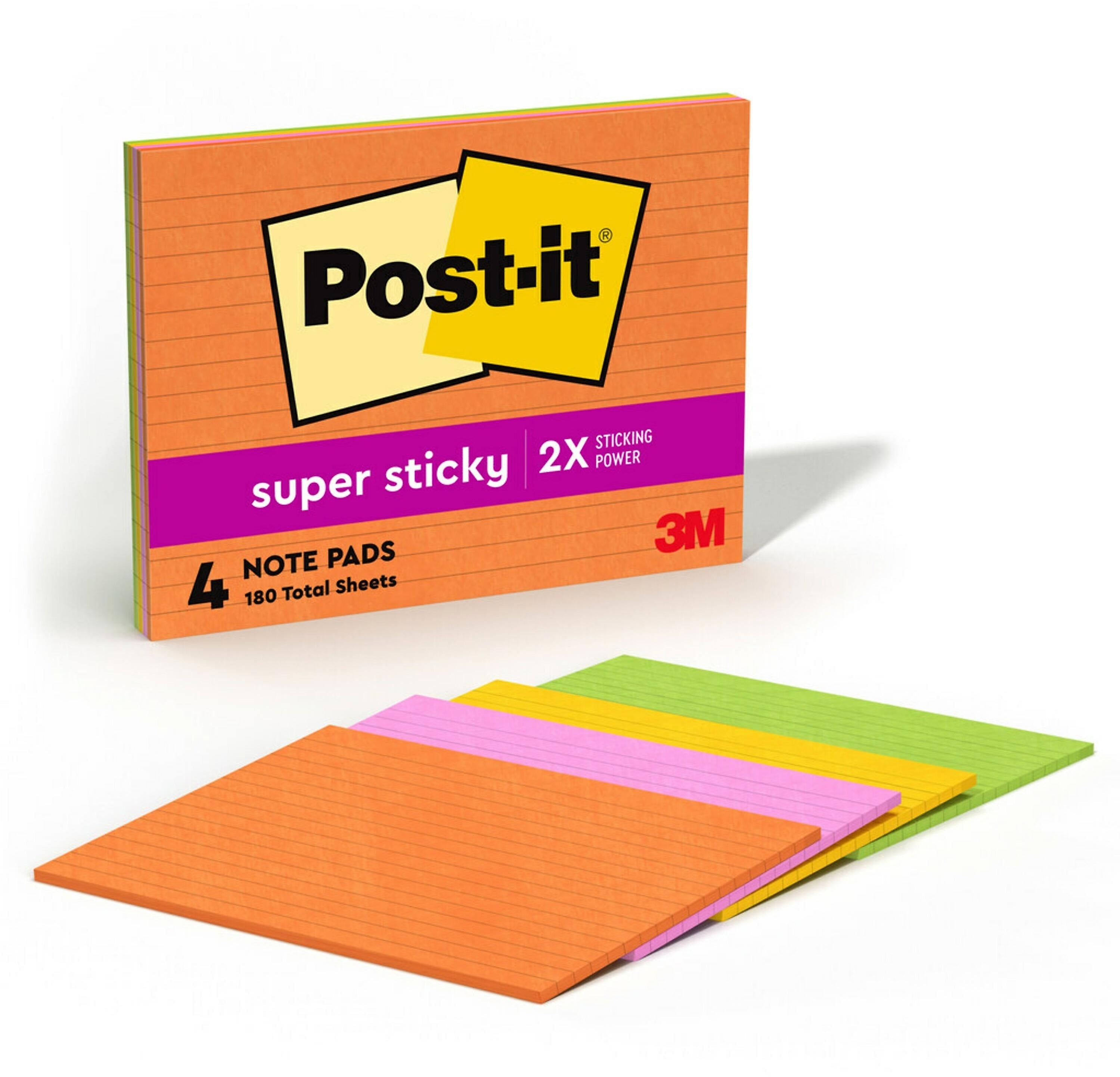 Post-it Super Sticky Notes, 8" x 6", Energy Boost Collection, Lined, 45 Sheet/Pad, 4 Pads/Pack (6845-SSPL)