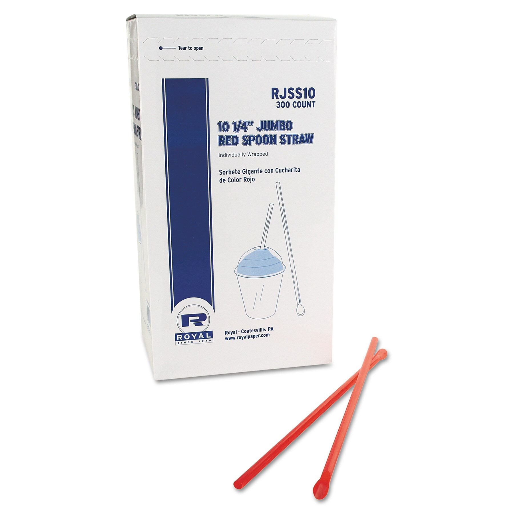 AmerCareRoyal Jumbo Spoon Straw, 10.25", Plastic, Red, 300/Pack, 18 Packs/Carton